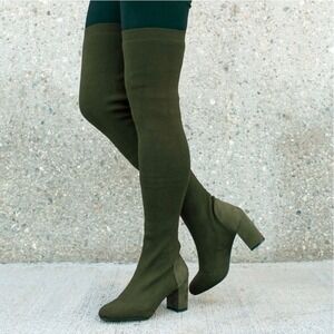 Nature Breeze Lynette Womens Olive Knit Over The Knee Block Heel Boots Size 5.5